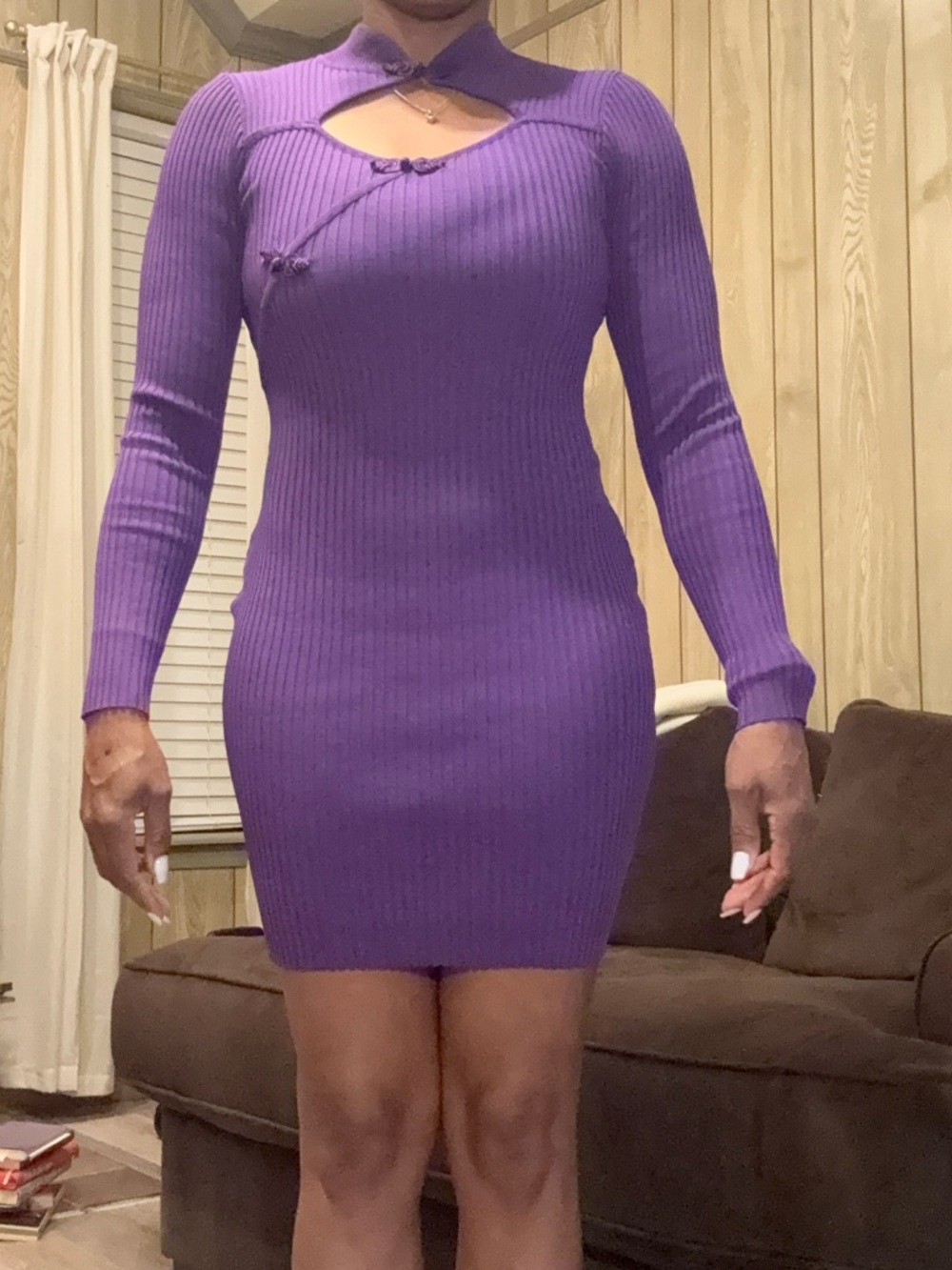 Ribbed Long-Sleeve Purple Bodycon Dress - Picture 2 of 3